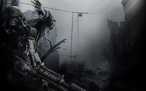 A Soldier In A Gas Mask Is Standing In A City Wallpaper