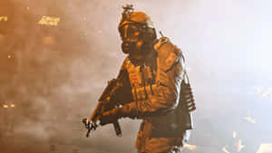 A Soldier In A Gas Mask Is Standing In Front Of A Fire Wallpaper