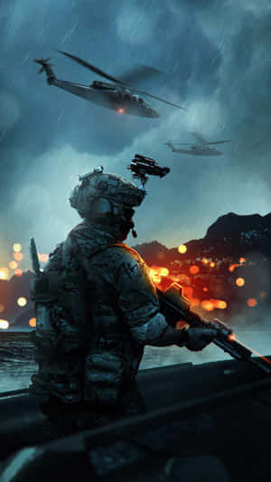 A Soldier Is Standing In Front Of A Helicopter Wallpaper