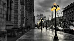 A Street Lamp On A Wet Sidewalk Wallpaper