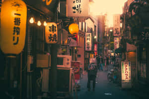 A Street With Many Signs Wallpaper