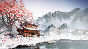 A Stunning Painting Of A Historical Temple In Japan Wallpaper