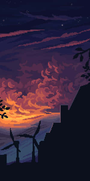 A Sunset With Wind Turbines And Trees Wallpaper