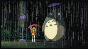 A Totoro And A Girl Standing In The Rain Wallpaper