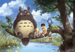 A Totoro And His Friends Sitting On A Branch Wallpaper