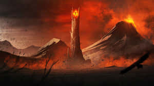 A Tower With Flames And Birds In The Background Wallpaper
