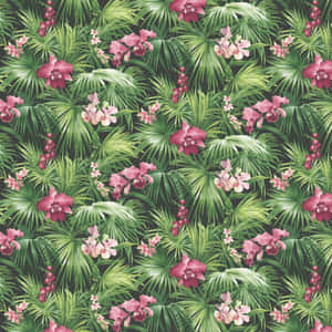 A Tropical Wallpaper With Pink Flowers And Palm Trees Wallpaper
