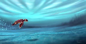 A Turtle Swimming In The Ocean With Bubbles Wallpaper