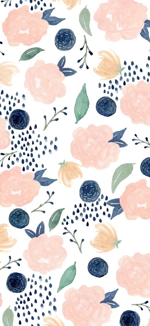 A Watercolor Floral Pattern With Blue Leaves And Pink Flowers Wallpaper