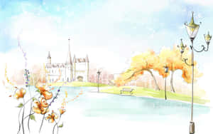 A Watercolor Painting Of A Park With A Lamppost And Flowers Wallpaper