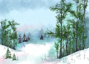 A Watercolor Painting Of A Winter Scene With Trees Wallpaper