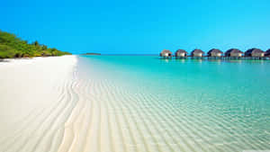 A White Sandy Beach With Huts And A Blue Ocean Wallpaper