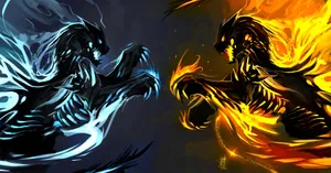 A Wolf Emerges From A Stormy Sky Over A Lake, Blazing In Fire And Ice. Wallpaper