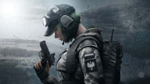 A Woman In A Green Uniform Holding A Gun Wallpaper