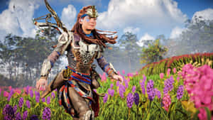 A Woman In Armor Is Walking Through A Field Of Flowers Wallpaper