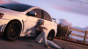 A Woman Is Laying On The Ground Next To A White Car Wallpaper