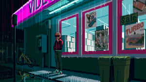 A Woman Is Standing Outside A Video Store Wallpaper