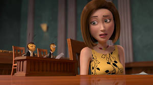 A Woman Sitting At A Desk With Two Bees Wallpaper