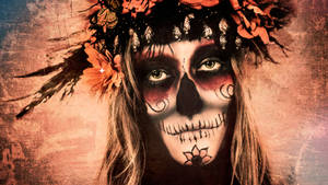 A Woman With A Skull Face And Flowers On Her Head Wallpaper