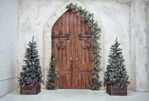 A Wooden Door With Two Christmas Trees In Front Of It Wallpaper