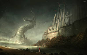 A Young Girl Stands In Awe Of A Beautiful Beach Castle, Inspired By The Mythical World Of Cthulhu. Wallpaper