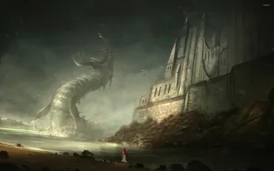 A Young Girl Stands In Awe Of A Beautiful Beach Castle, Inspired By The Mythical World Of Cthulhu. Wallpaper