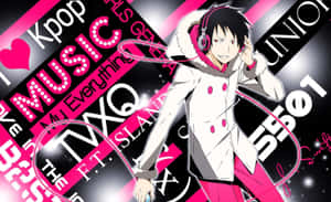 A Young Man In Headphones Is Holding A Pink And Black T-shirt Wallpaper