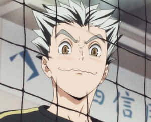 A Young Man With White Hair Standing Behind A Net Wallpaper