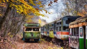 Abandoned_ Train_ Cars_in_ Autumn Wallpaper