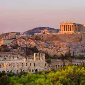 Acropolis Mount Lycabettus Pinkish Sky Wallpaper