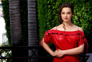 Actress Katherine Langford Red Dress Wallpaper