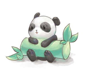 Adorable Cartoon Panda Resting On A Bamboo Log Wallpaper