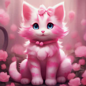 Adorable Pink Kitten Illustration Wallpaper