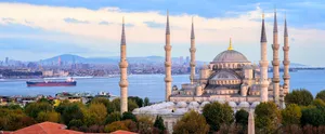 Aerial View Blue Mosque Ocean Wallpaper