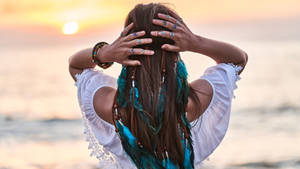 Aesthetic Boho Girl On Beach Wallpaper