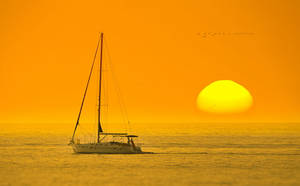 Aesthetic Sunset With A Boat Wallpaper