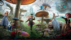 Alice In Her Blue Dress Along With The Characters From Alice In Wonderland - 2010 Film Wallpaper