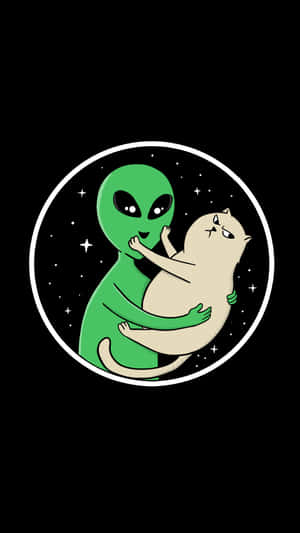 Alien Hugging Cat Cosmic Backdrop Wallpaper