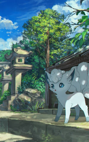 Alolan Vulpix Illustration With Trees Wallpaper