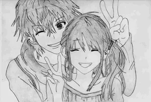 Amusing Illustration Of Cute Couple Drawing Wallpaper
