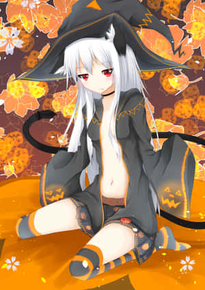 An Adorably Spooky Halloween Anime Girl Wallpaper