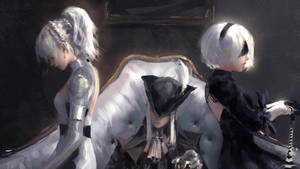 An Epic Adventure With 2b And Her Friends Wallpaper