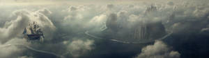 An Epic View Of A Ship Floating Amidst Clouds In The Sky Wallpaper