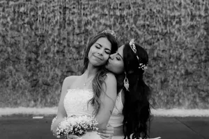 An Intimate Moment At A Black & White Themed Lesbian Wedding Wallpaper