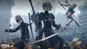 Androids 2b, 9s & A2 Engaged In Thrilling Combat Wallpaper