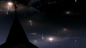 Angels And Meteors On A Supernatural Church Roof Wallpaper