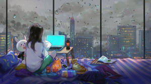 Animated Girl Rainy Day Wallpaper