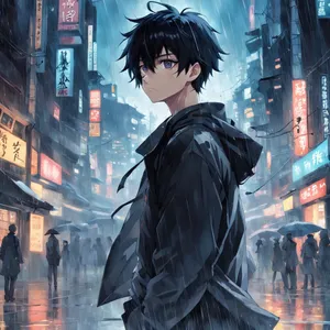 Anime Boy Black Hair Rainy Cityscape Wallpaper