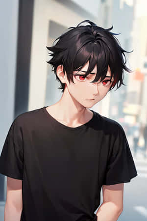 Anime Boy Black Hair Red Eyes City Backdrop Wallpaper