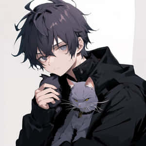 Anime Boy Black Hair With Cat Wallpaper